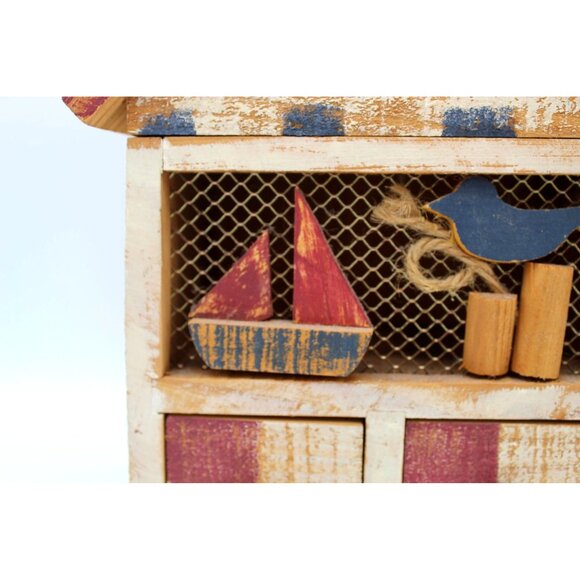 Recipe Box Wooden House Shabby Chic Beach Drawers Open Hinged Vintage 9.75 Inch - Picture 6 of 16